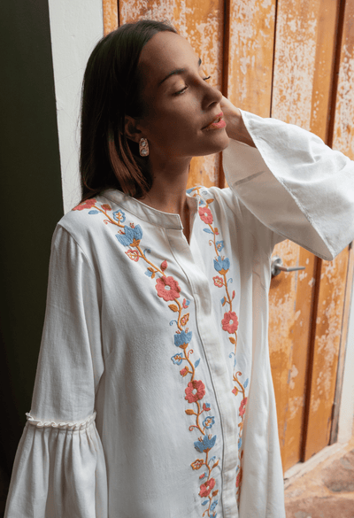 Leona Short Dress Dress Leona Cream, Coral, and Blue Short Dress Leona Cream, Coral, and Blue Short Dress