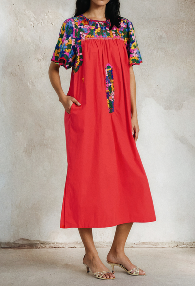 Julieta Specialty Midi Dress Dress Julieta Red Fiesta Midi Dress with Embroidered Sleeve Julieta Red Fiesta Midi Dress with Embroidered Sleeve