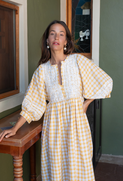 Violeta Long Dress Dress Violeta Yellow Gingham Long Dress Violeta Yellow Gingham Long Dress