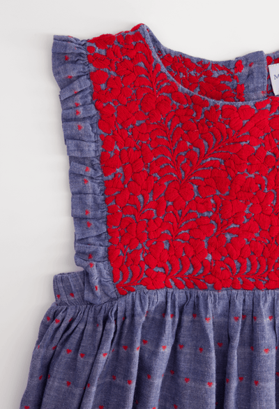 Ines Girls Dress Childrens Ines Denim Red Heart Girl's Dress Ines Denim Red Heart Girl's Dress | Mi Golondrina