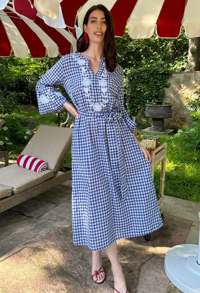 Leona Azul Gingham Caftan Dress