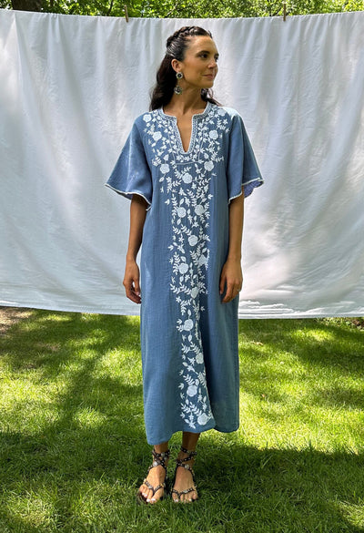 Malena blue and white embroidered caftan