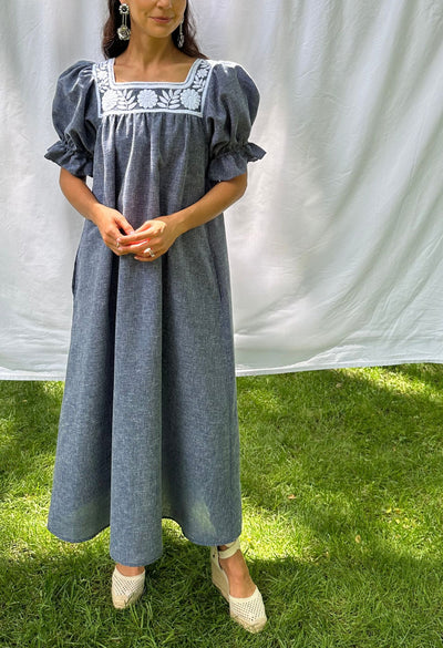 Marta puff sleeve navy midi dress with white embroidery