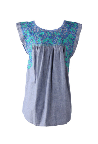 Flores Blouse Blouse Nube Azul y Verde