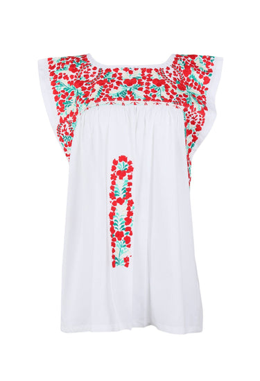 Flores Blouse Blouse Large Blanca Tomate y Verde Brillante