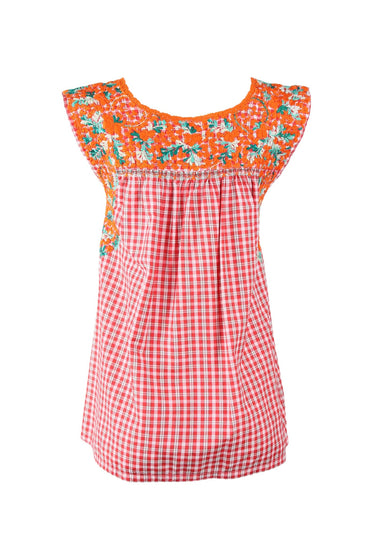 Flores Blouse Blouse Recuerdo Naranja y Verde Brillante