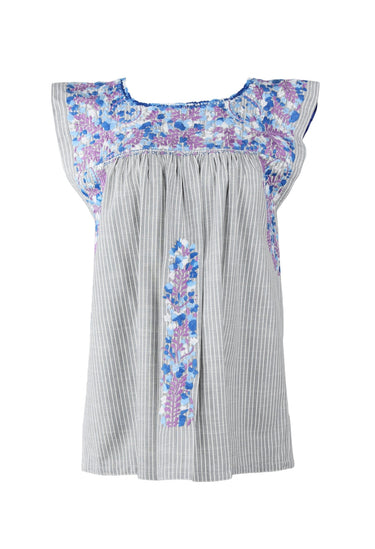 Flores Blouse Blouse Lluvia Azul Brillante y Purpura