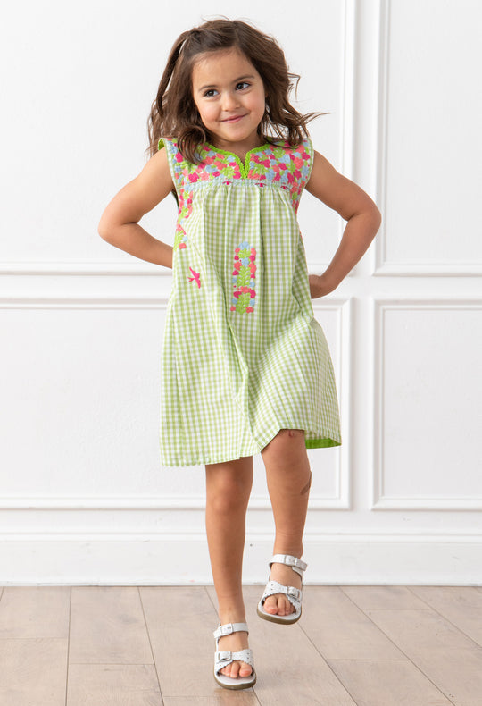 Florecita Gingham Verde y Rosa Chica
