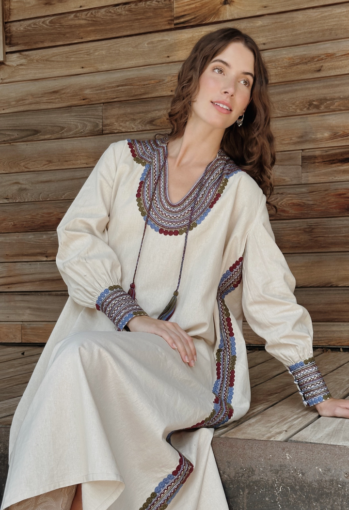 Beatriz Beige y Azul Midi Dress