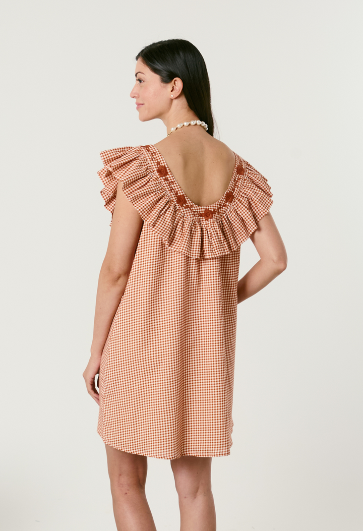 Andrea Gingham Naranja Short Dress