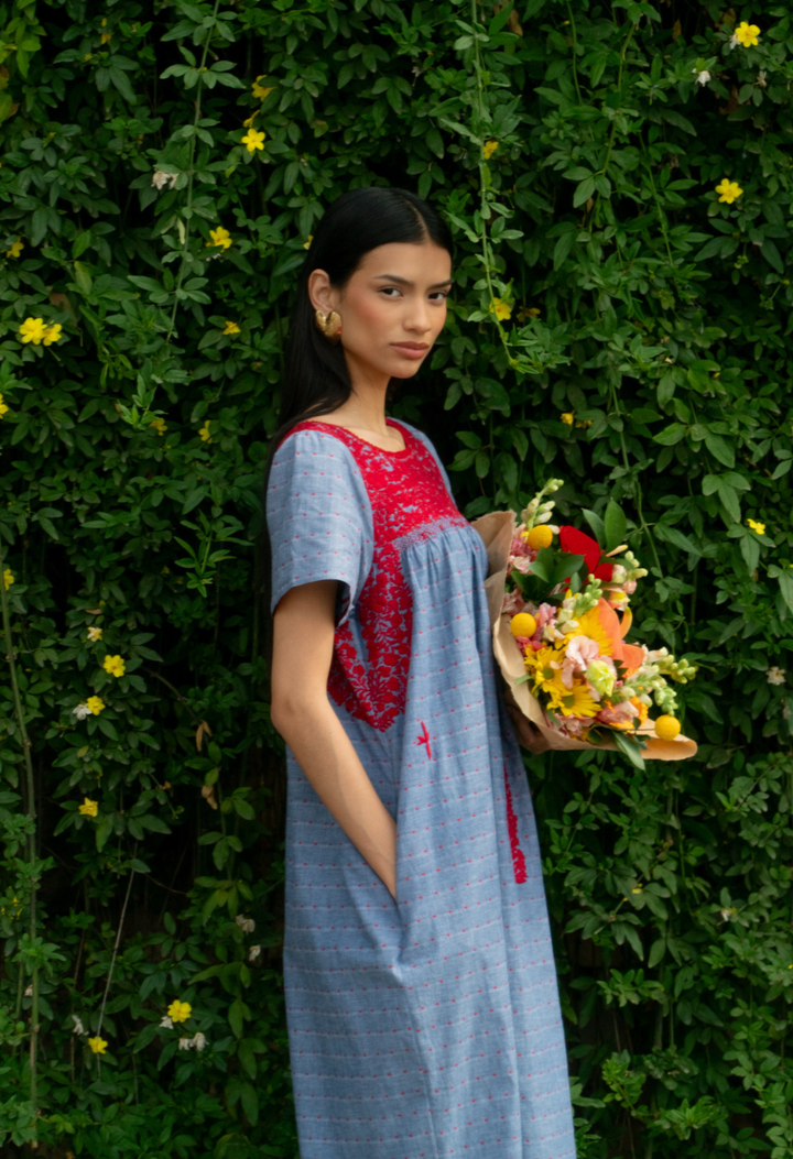 Liliana Denim Red Heart Midi Dress