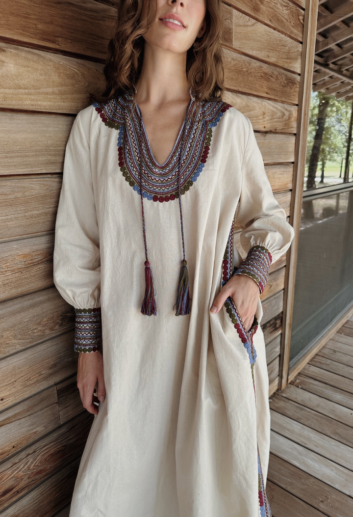 Beatriz Beige y Azul Midi Dress