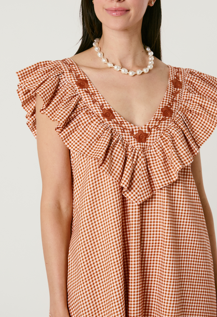 Andrea Gingham Naranja Short Dress