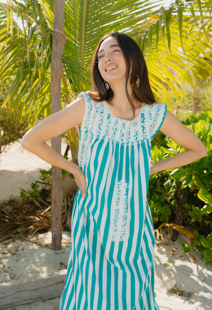 Flores Turquoise Wide Stripe Midi Dress – Mi Golondrina