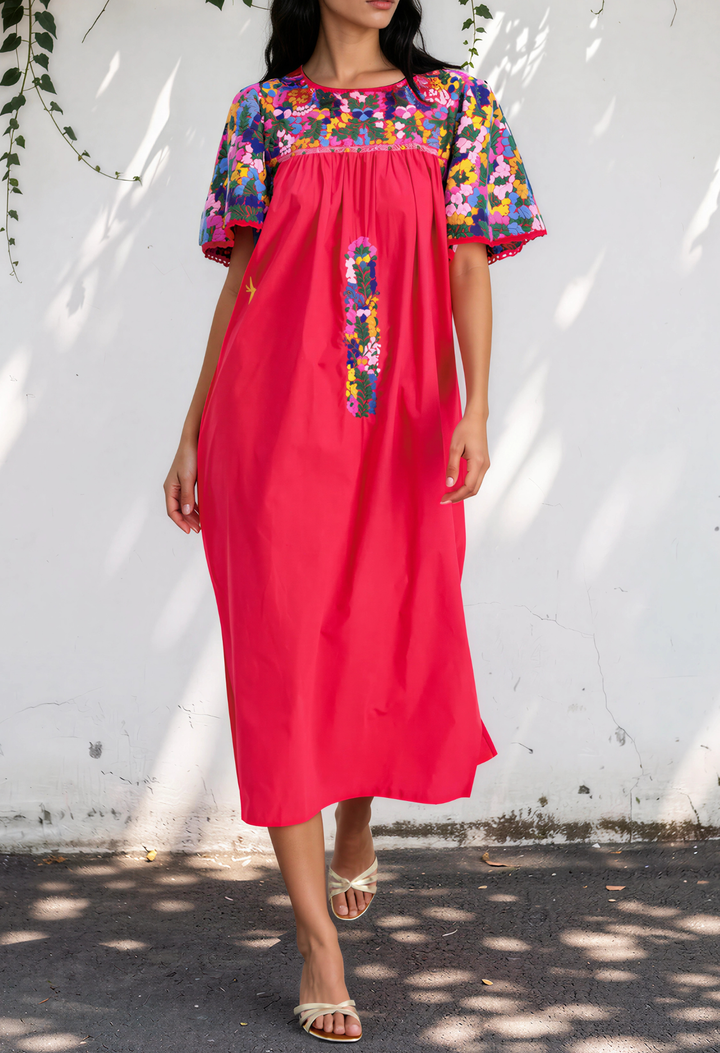 Julieta Specialty Midi Dress Dress Julieta Red Fiesta Midi Dress with Embroidered Sleeve Julieta Red Fiesta Midi Dress with Embroidered Sleeve
