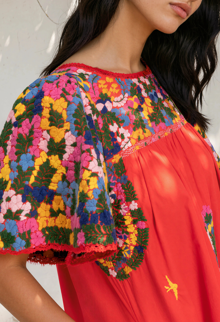 Julieta Specialty Midi Dress Dress Julieta Red Fiesta Midi Dress with Embroidered Sleeve Julieta Red Fiesta Midi Dress with Embroidered Sleeve