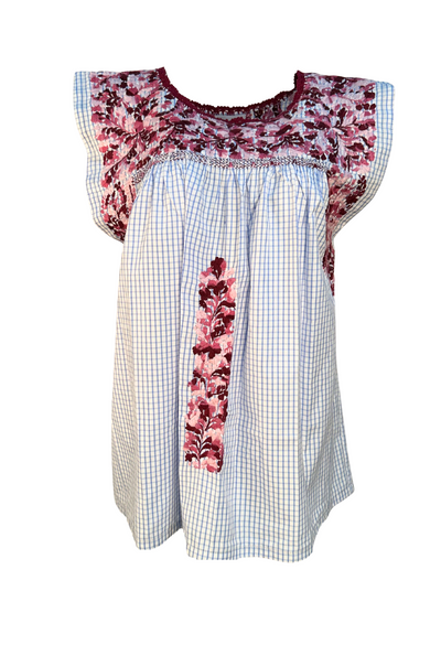 Cuadros Azules y Rosa Floral Blouse