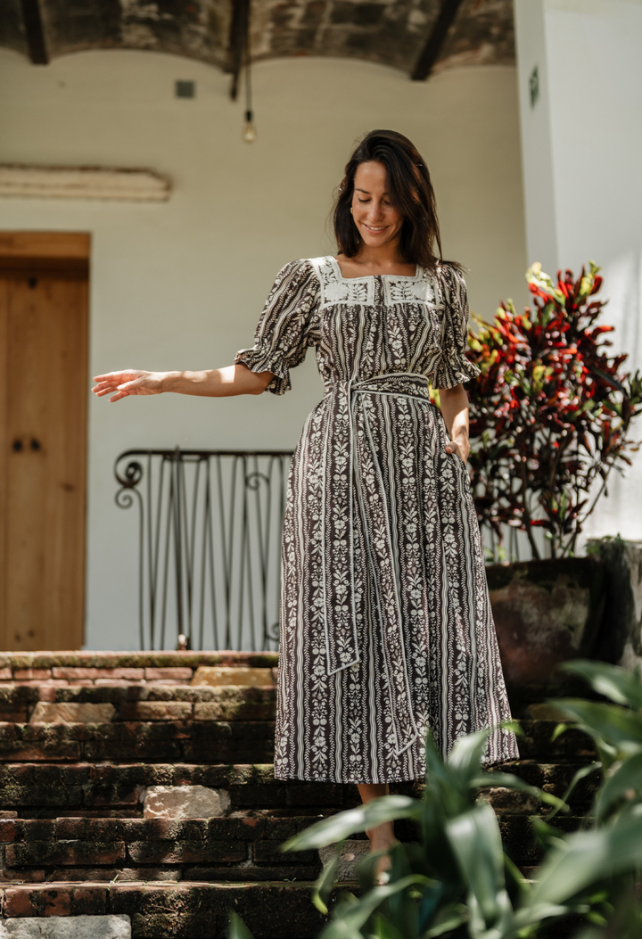 Maria Long Dress Dress Maria Brown Botanical Stripe Long Dress Maria Brown Botanical Stripe Long Dress