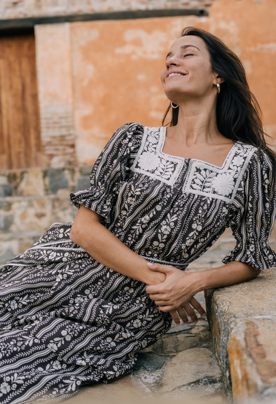 Maria Long Dress Dress Maria Brown Botanical Stripe Long Dress Maria Brown Botanical Stripe Long Dress