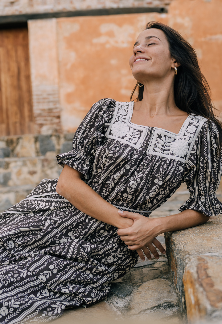 Maria Long Dress Dress Maria Brown Botanical Stripe Long Dress Maria Brown Botanical Stripe Long Dress