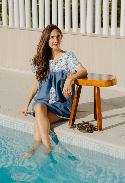Liliana Short Dress Dress Liliana Dusty Blue with Embroidered Sleeve Short Dress Liliana Dusty Blue with Embroidered Sleeve Short Dress