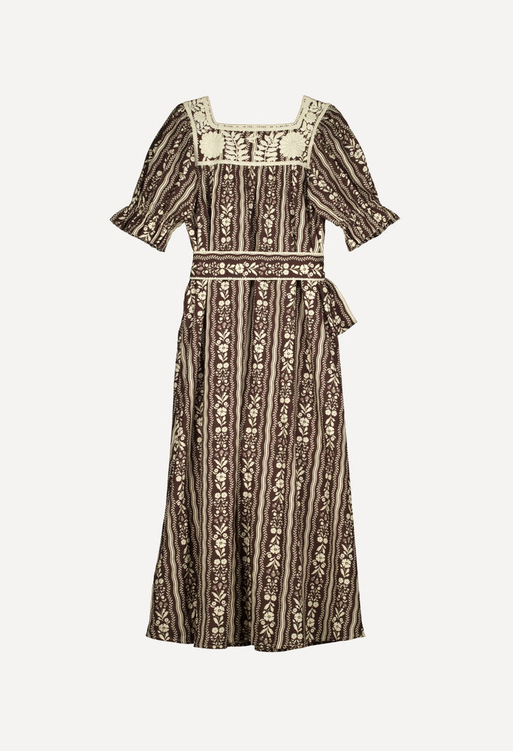 Maria Long Dress Dress Maria Brown and Ivory Stripe Long Dress Maria Long Dress | Hand-Embroidered Stripe Cotton | Mi Golondrina