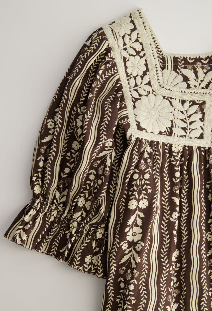 Maria Long Dress Dress Maria Brown and Ivory Stripe Long Dress Maria Long Dress | Hand-Embroidered Stripe Cotton | Mi Golondrina