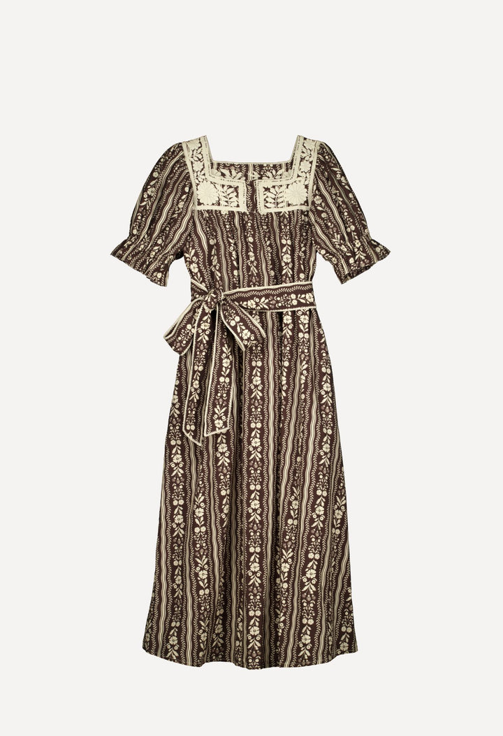 Maria Long Dress Dress Maria Brown and Ivory Stripe Long Dress Maria Long Dress | Hand-Embroidered Stripe Cotton | Mi Golondrina