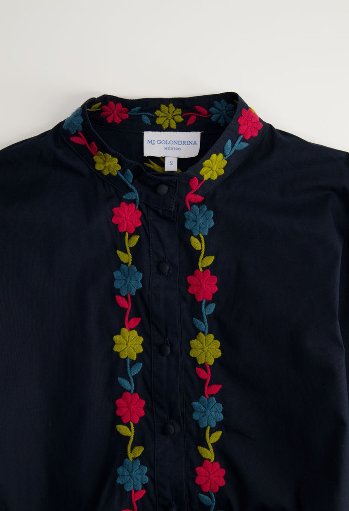 Francisca Long Dress Dress Francisca Navy Autumn Long Dress Francisca Long Dress | Hand-Embroidered Navy Poplin | Mi Golondrina