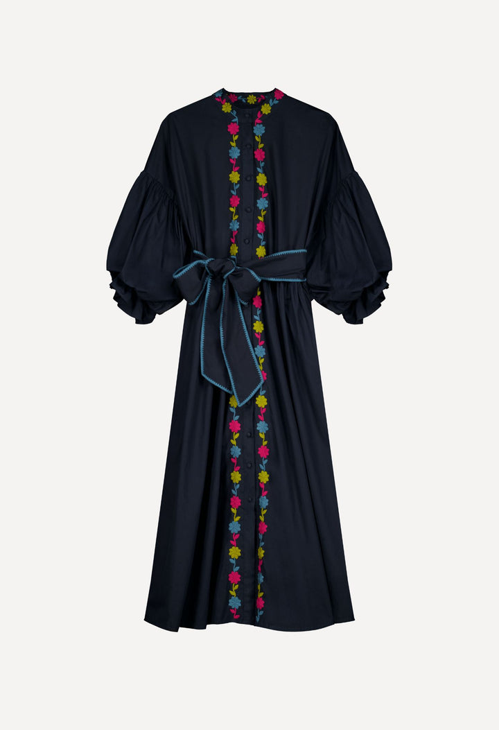 Francisca Long Dress Dress Francisca Navy Autumn Long Dress Francisca Long Dress | Hand-Embroidered Navy Poplin | Mi Golondrina