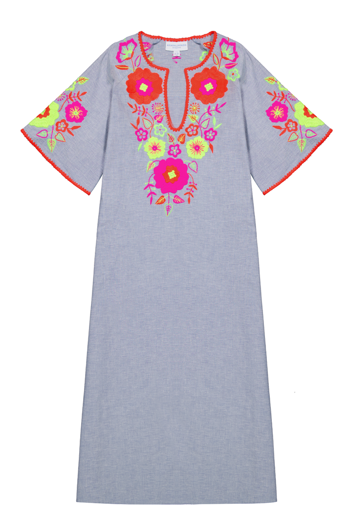 Malena Caftan Dress Dress Malena Chambray Neon Floral Caftan Malena Chambray Neon Floral Caftan