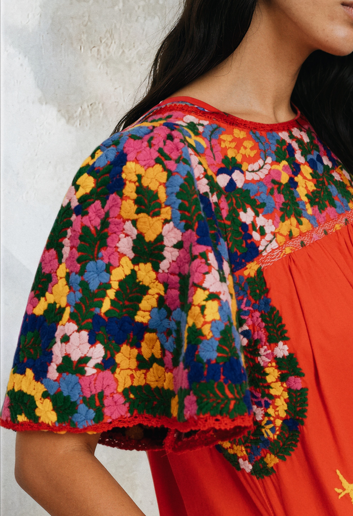 Julieta Specialty Midi Dress Dress Julieta Red Fiesta Midi Dress with Embroidered Sleeve Julieta Red Fiesta Midi Dress with Embroidered Sleeve