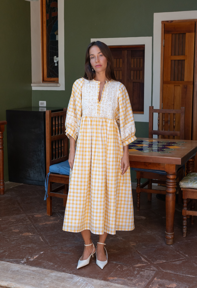 Violeta Yellow Gingham Long Dress
