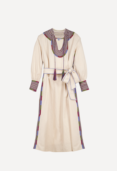 Beatriz Long Dress Dress Beatriz Beige y Azul Long Dress Beatriz Beige y Azul Midi Dress | Mi Golondrina