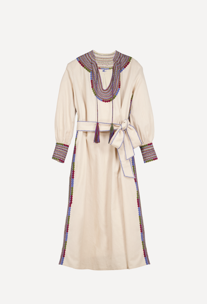 Beatriz Long Dress Dress Beatriz Beige y Azul Long Dress Beatriz Beige y Azul Midi Dress | Mi Golondrina