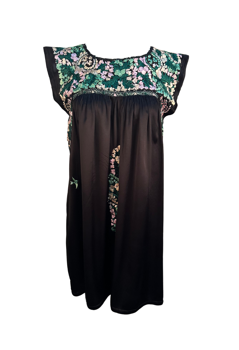 Black Satin and Multicolor Embroidery Short Dress