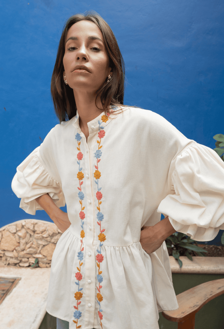 Francisca Blouse Blouse Francisca Cream, Coral, and Blue Blouse Francisca Cream, Coral, and Blue Blouse