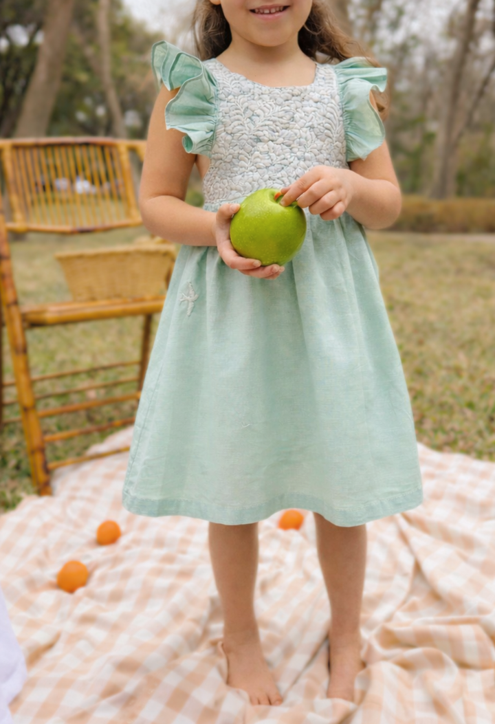 Maya Girl Dress Childrens Maya Soft Sage and Ivory Girl's Ruffle Dress Maya Soft Sage and Ivory Girl's Ruffle Dress