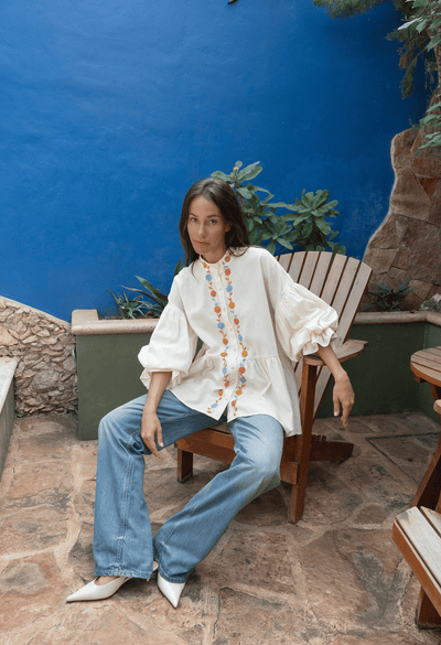 Francisca Blouse Blouse Francisca Cream, Coral, and Blue Blouse Francisca Cream, Coral, and Blue Blouse