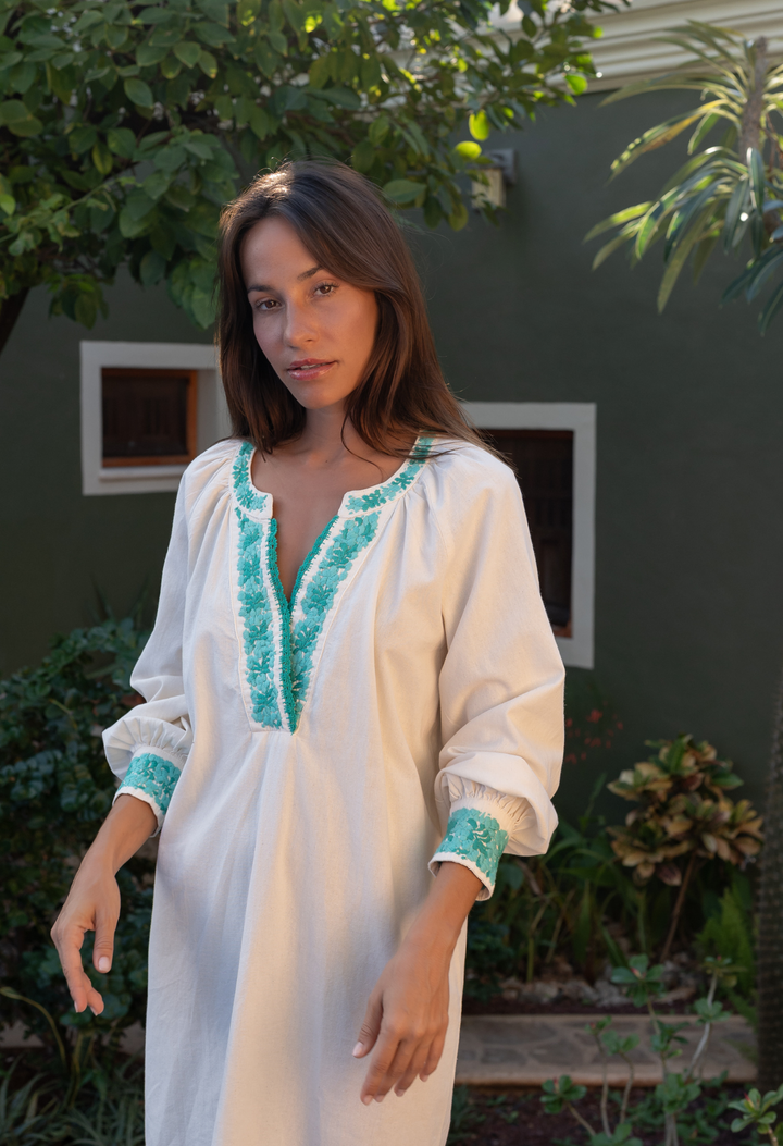 Azura Short Dress Dress Azura Cream and Turquoise Short Dress Azura Cream and Turquoise Short Dress