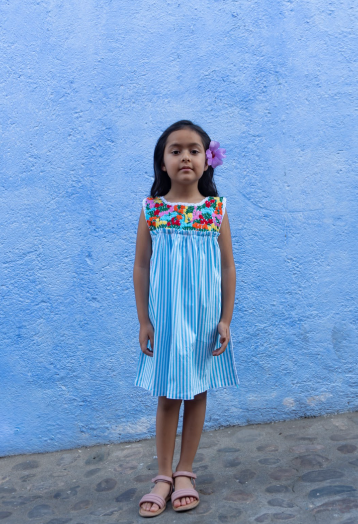 Selena Girl's Dress Childrens Dalia Turquoise Stripe Fiesta Girl's Dress Dalia Turquoise Stripe Fiesta Girl's Dress