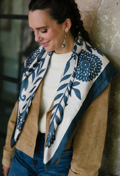 Silk Scarf Silk Scarf One Size Blue and Ivory Silk Scarf Blue and Ivory Silk Scarf