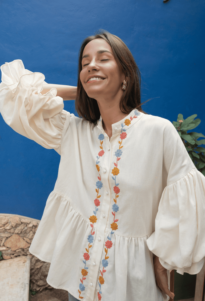 Francisca Blouse Blouse Francisca Cream, Coral, and Blue Blouse Francisca Cream, Coral, and Blue Blouse