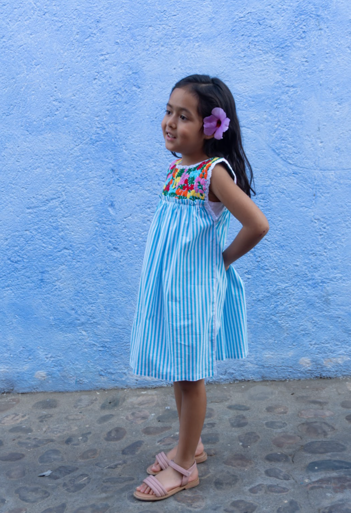 Selena Girl's Dress Childrens Dalia Turquoise Stripe Fiesta Girl's Dress Dalia Turquoise Stripe Fiesta Girl's Dress