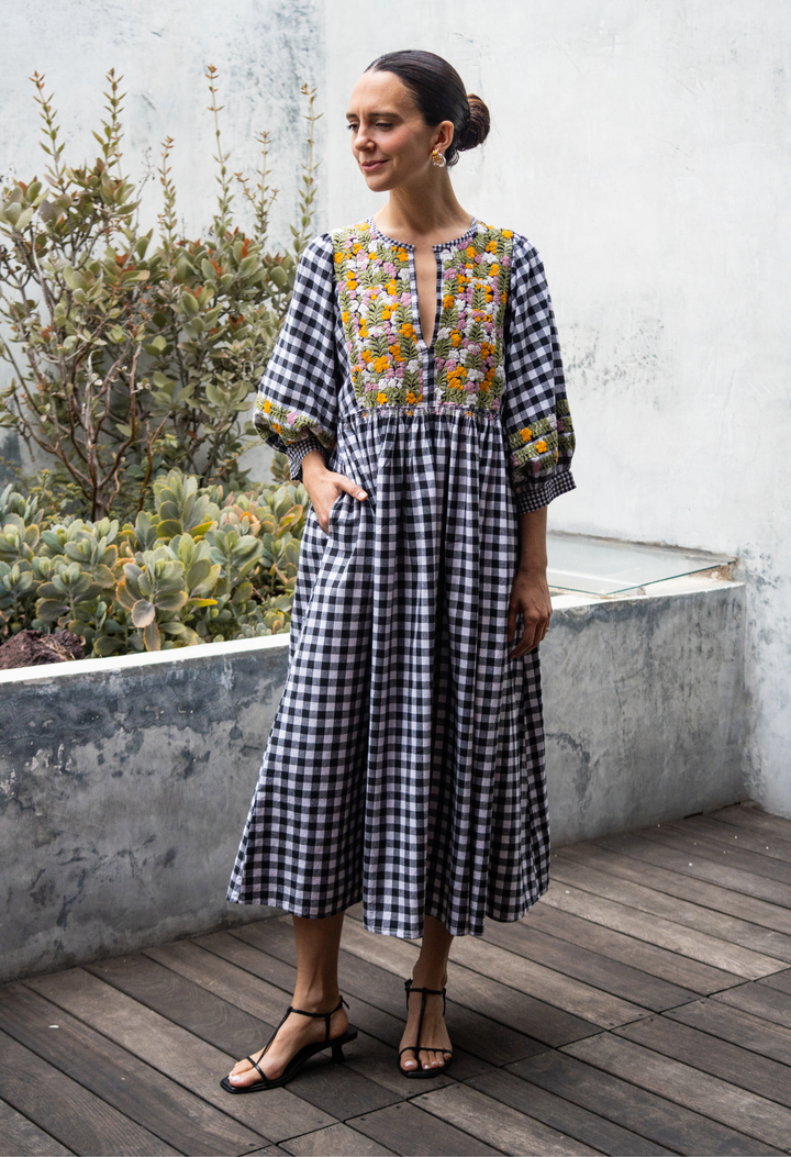 Violeta Black Gingham Midi Dress