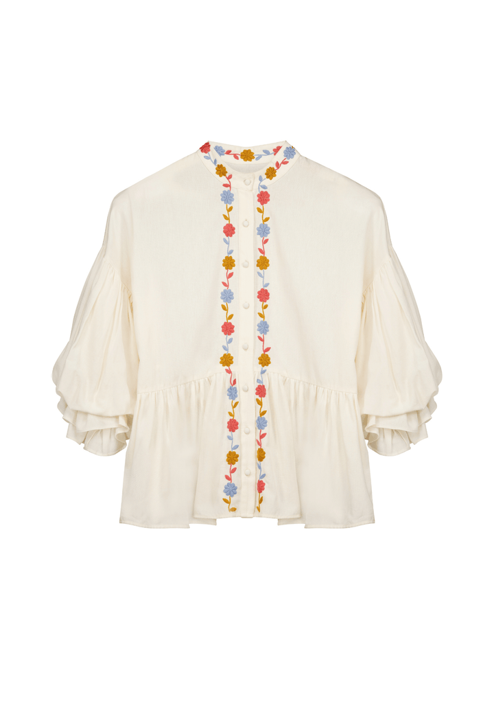 Francisca Blouse Blouse Francisca Cream, Coral, and Blue Blouse Francisca Cream, Coral, and Blue Blouse