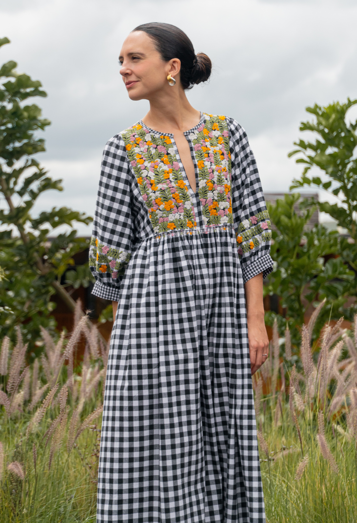 Violeta Black Gingham Midi Dress