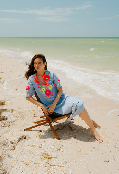 Malena Caftan Dress Dress Malena Chambray Neon Floral Caftan Malena Chambray Neon Floral Caftan