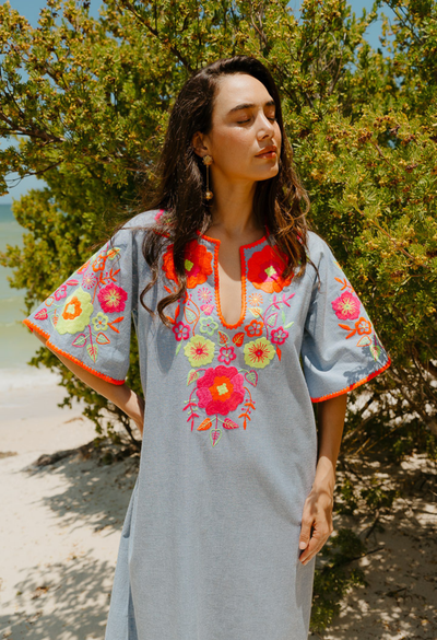 Malena Caftan Dress Dress Malena Chambray Neon Floral Caftan Malena Chambray Neon Floral Caftan