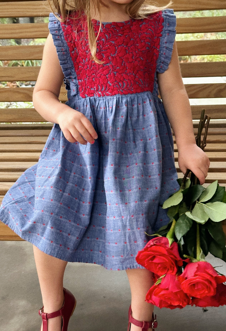 Ines Denim Red Heart Girl's Dress